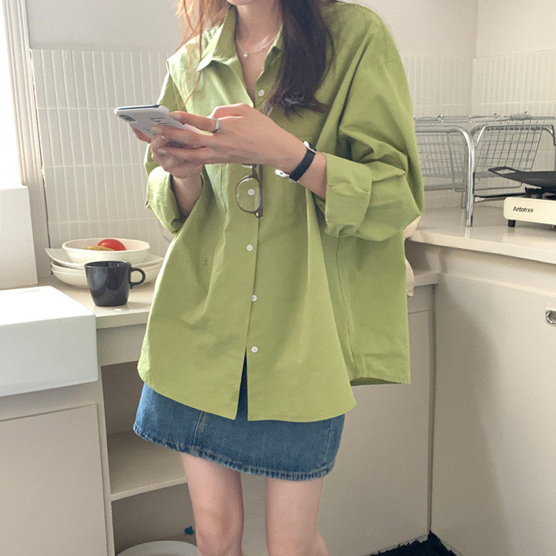 日系奶绿色衬衫女可盐可甜设计感小众潮宽松牛油果绿长袖衬衣