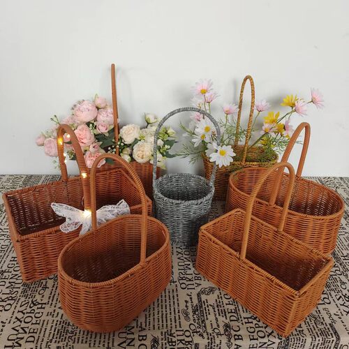 仿藤塑料花篮藤编水果篮蔬菜篮鸡蛋篮户外野餐篮手提编织篮
