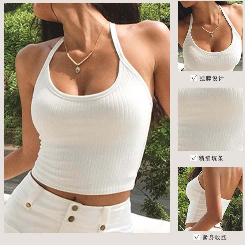 美式挂脖吊带背心瑜伽服女修身短款带胸垫户外健身跑步上衣运动服