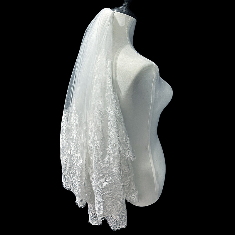 新娘双层法国蕾丝头纱领证登记超仙森系网红拍照道具蕾丝花边头纱