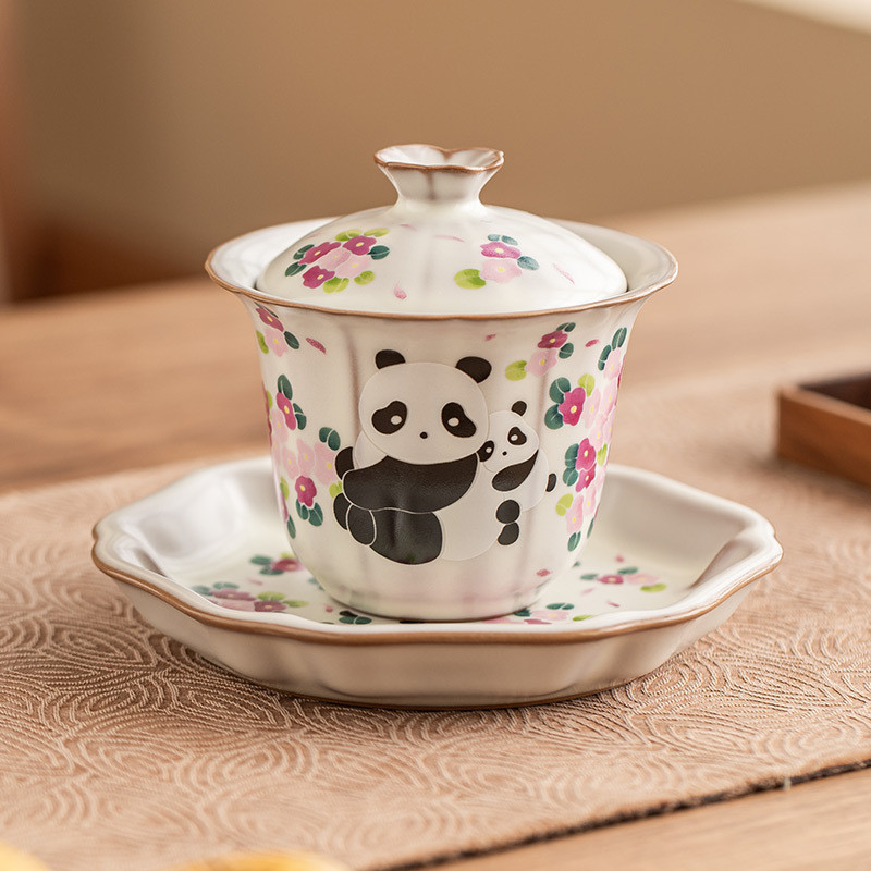 厂家汝窑熊猫三才盖碗开片可养功夫泡茶碗不烫手茶具陶瓷茶碗带盖