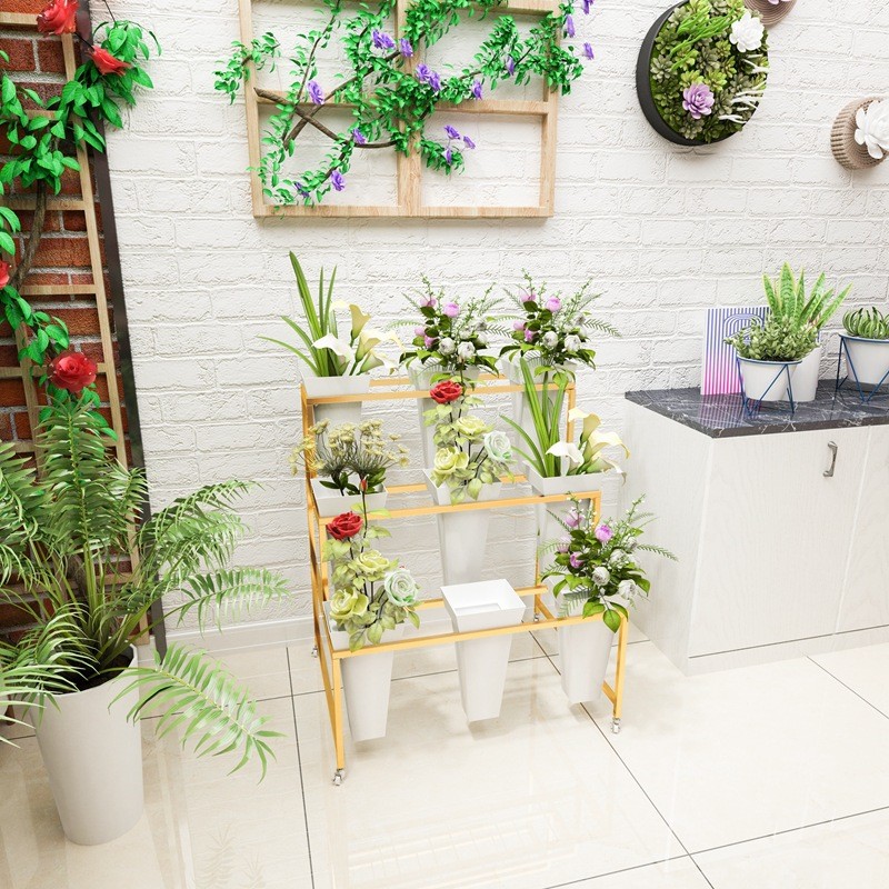 北欧金色铁艺花店花架可移动花架带万向轮鲜花展示架货架鲜花桶架