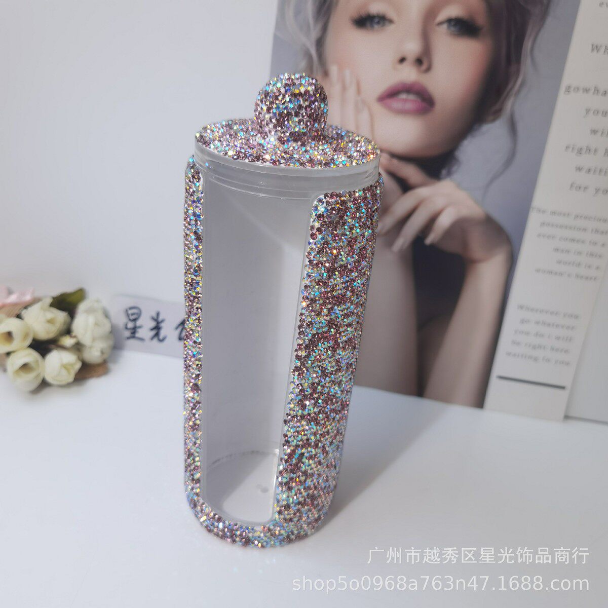 镶钻高级塑料亚克力化妆棉盒大号圆形开口棉签盒化妆工具收纳盒