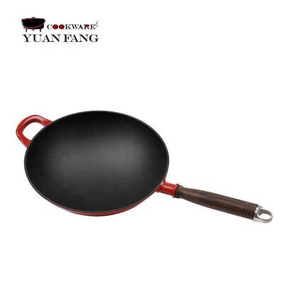 热销远方精铸yfcook批发预制32cm平底锅红色长柄搪瓷不粘铸铁锅