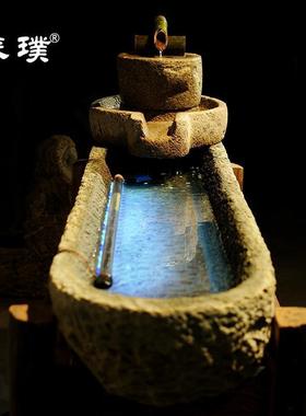 室内老石槽鱼缸石头养鱼池花盆石雕流水摆件景观组合木架水景石盆