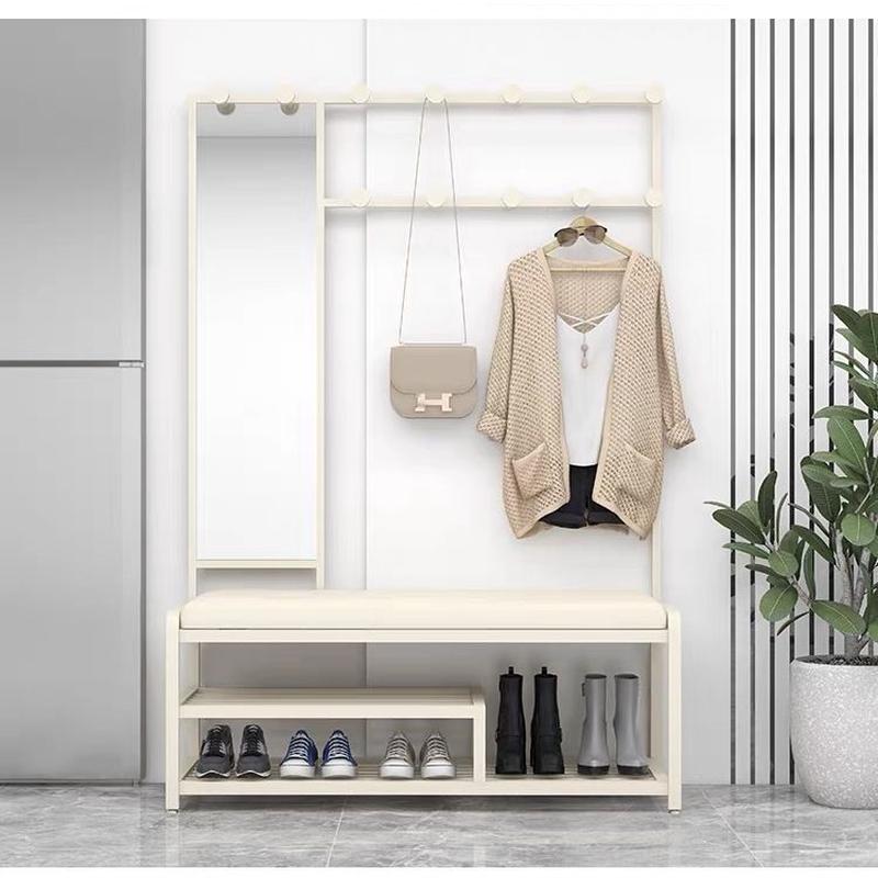 y鋣1y鋣1一体鞋柜衣帽架奶油风换鞋凳入带镜子简约组合收纳挂衣架