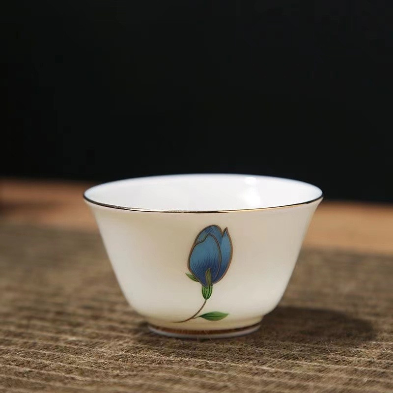 郁金香白瓷茶杯中式功夫家用素烧彩绘玉瓷中国风陶瓷茶具盖碗茶壶