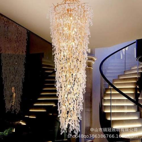 热销别墅长吊灯楼梯旋转楼梯间轻奢水晶复式大吊灯挑空中空大客厅