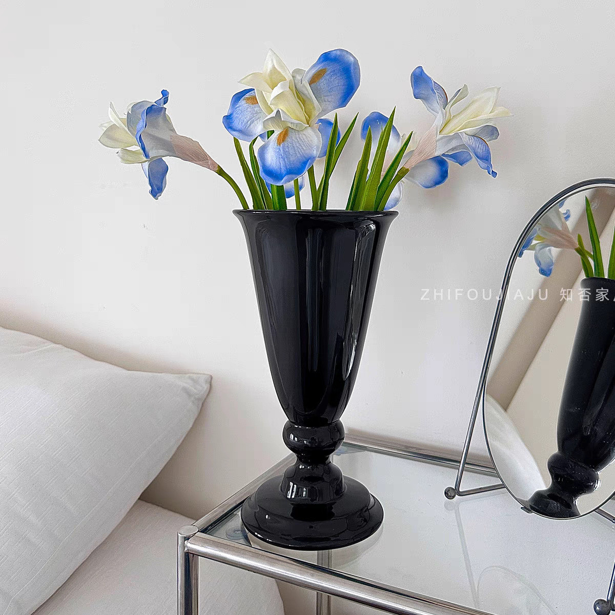 法式复古黑色高脚杯大口径陶瓷花瓶高级感客厅玄关摆件水培花器