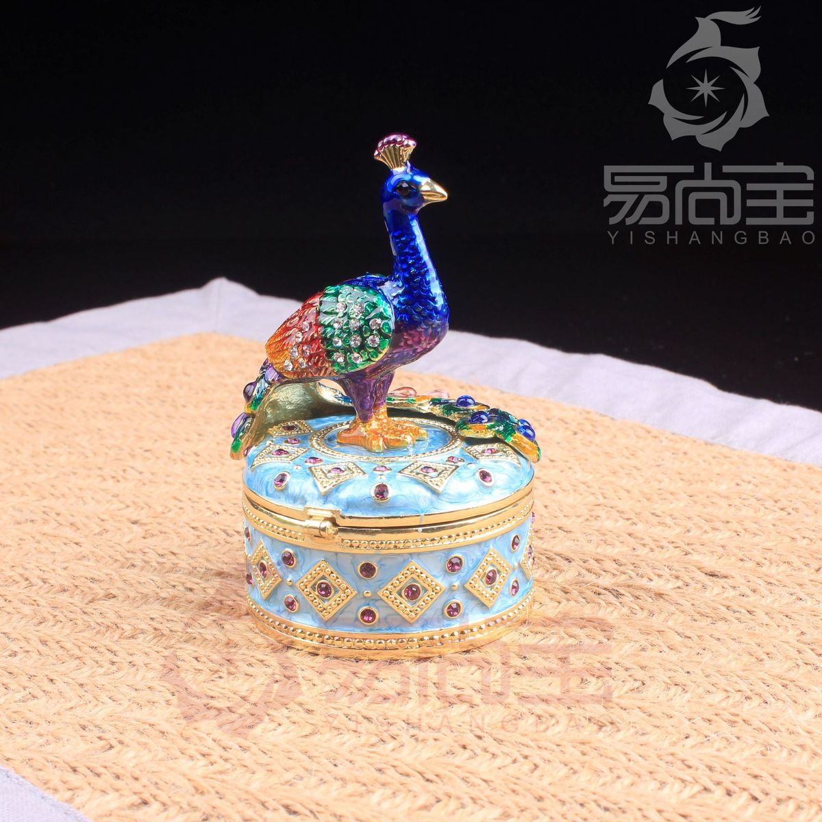 易尚宝中国风金属珐琅彩的民族风孔雀小摆件景区热卖首饰盒工艺品