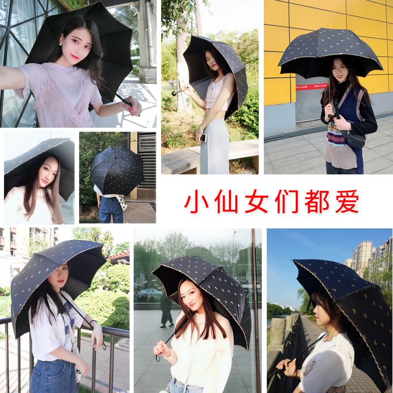 现货网红深拱形防晒防紫外线蘑菇公主雨伞黑胶遮阳折叠晴雨两用女