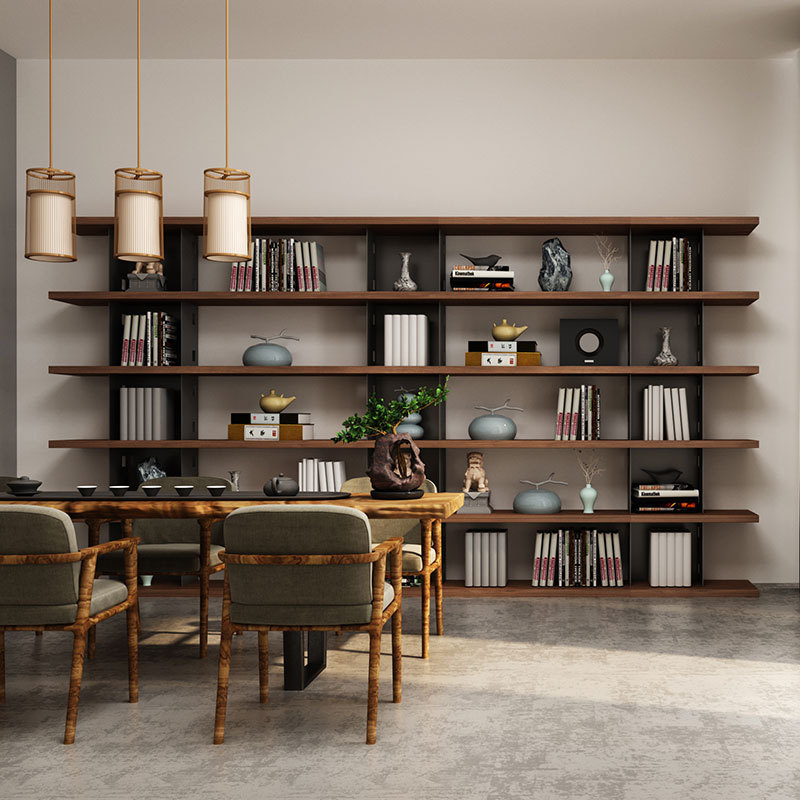 热销美式铁艺实木置物架办公室满墙多层书架落地客厅复古收纳展示