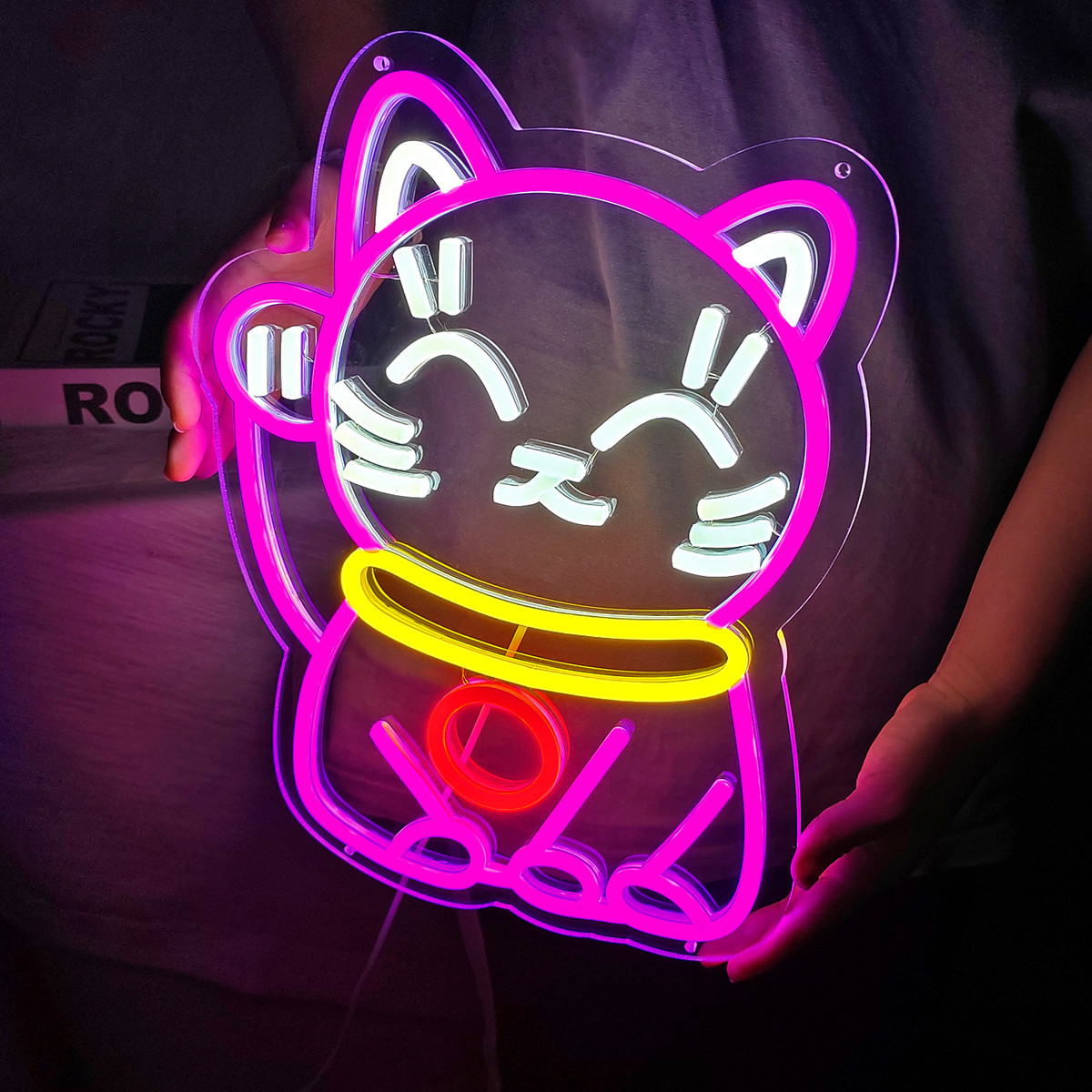 led霓虹灯发光字招财猫diy亚克力创意手举造型logo灯牌制作