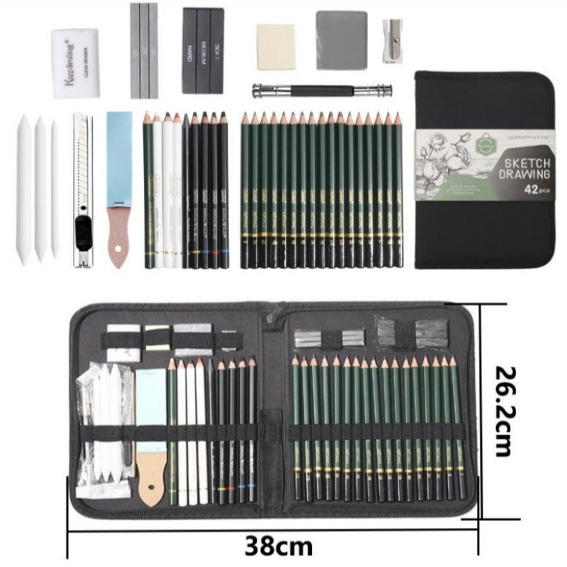 厂家批发素描套装42件用品学生绘画美术素描铅笔hb铅笔素描笔盒装