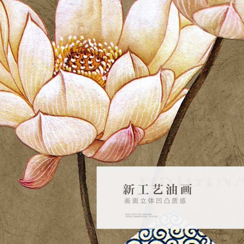 玄关装饰画新中式挂画圆形挂画客厅壁画现代走廊参与书房荷花油画图片
