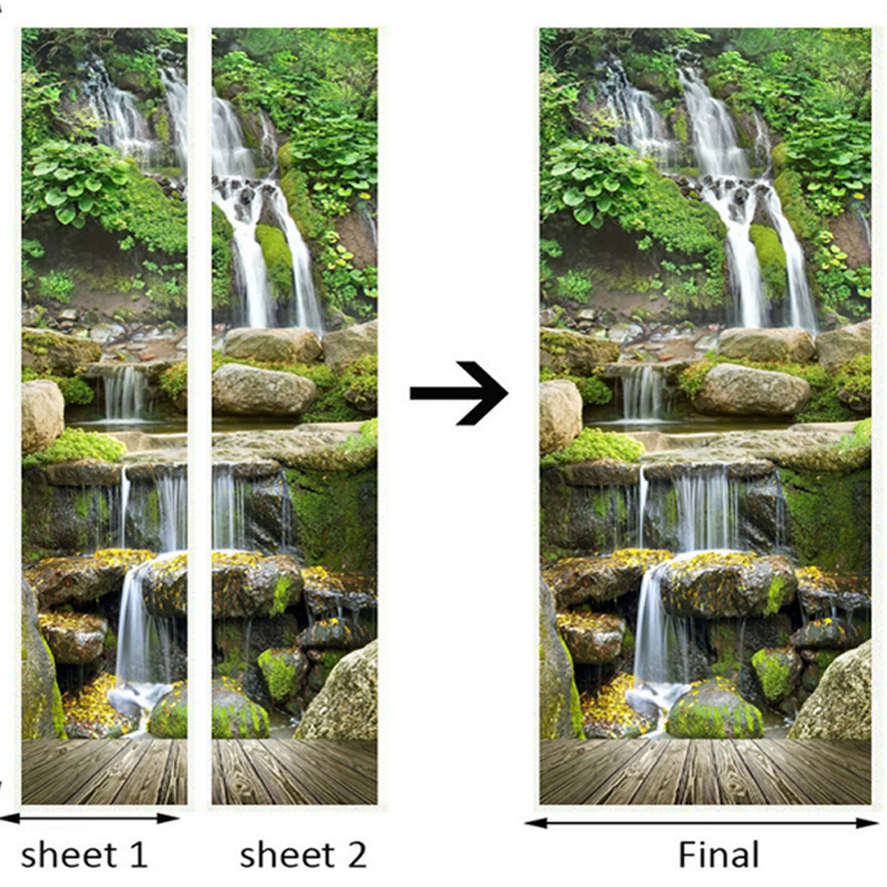 巨装饰货源pvc贴纸3d自粘门贴  客厅现代创 拼接木板瀑布风景