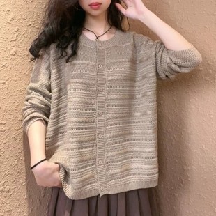 2024新文艺纯色棉线V领开衫女宽松百搭显瘦薄款镂空毛衣