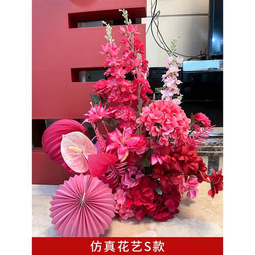 444z结婚花玫红色床头装饰婚房布置花艺假花新房主卧桌花摆件婚礼
