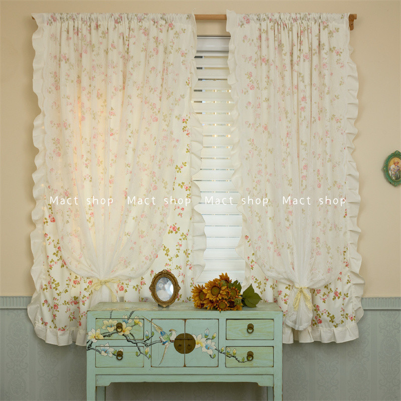 双层美式田园乡村碎花窗帘短帘飘窗蕾丝门帘柜帘隔断帘子港风
