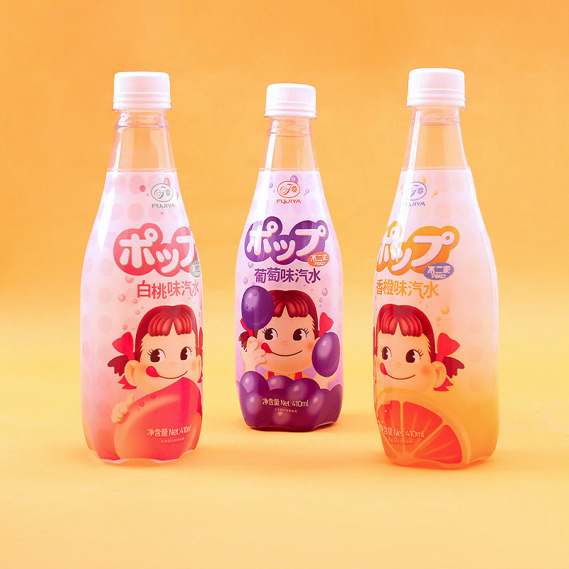 新日期【新品】不二家夏日果味汽水410ml/瓶装葡萄白桃香橙味汽水