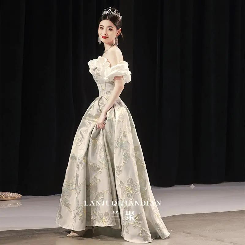 新品法式晚礼服2025新款宴会主持人一字肩连衣裙小众高级感订婚成