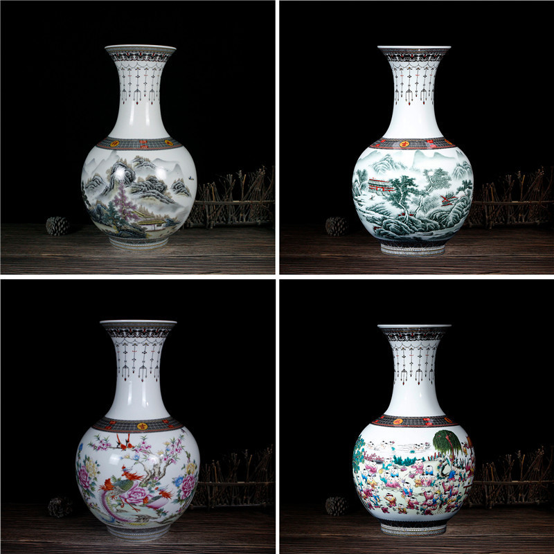 景德镇陶瓷花瓶仿古粉彩山水赏瓶插花器中式家居客厅装饰摆件大号