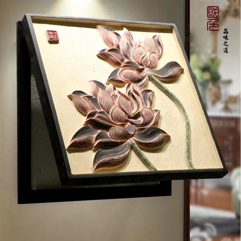 中式复古中国风电表箱遮档板浮雕装饰画壁饰墙饰荷花挂件实木边框图片