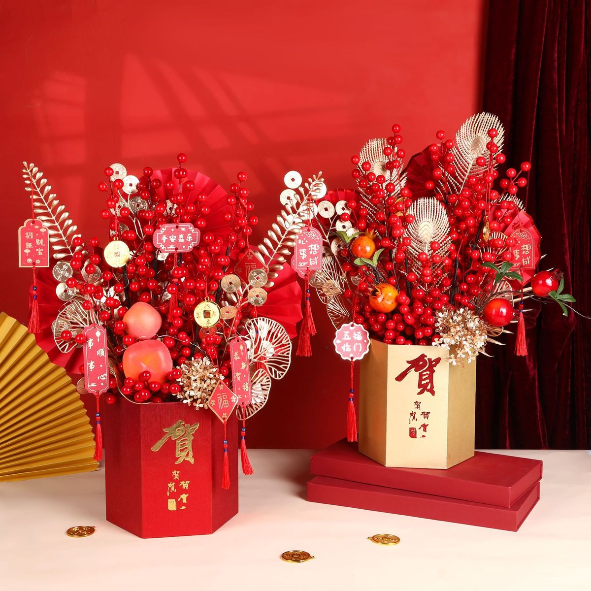 六六顺套二新年桶年宵花福桶花艺插花红色金色新春干花桶