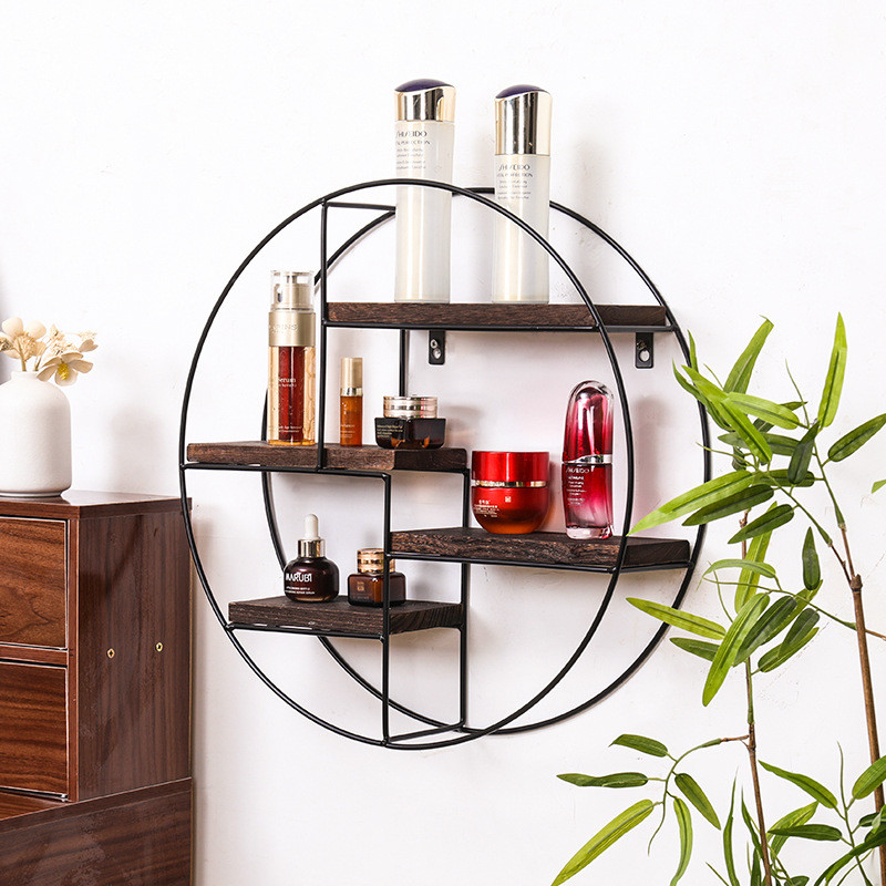 高颜值壁挂装饰圆形木质收纳架防锈铁框耐用收纳架家用背景墙装饰