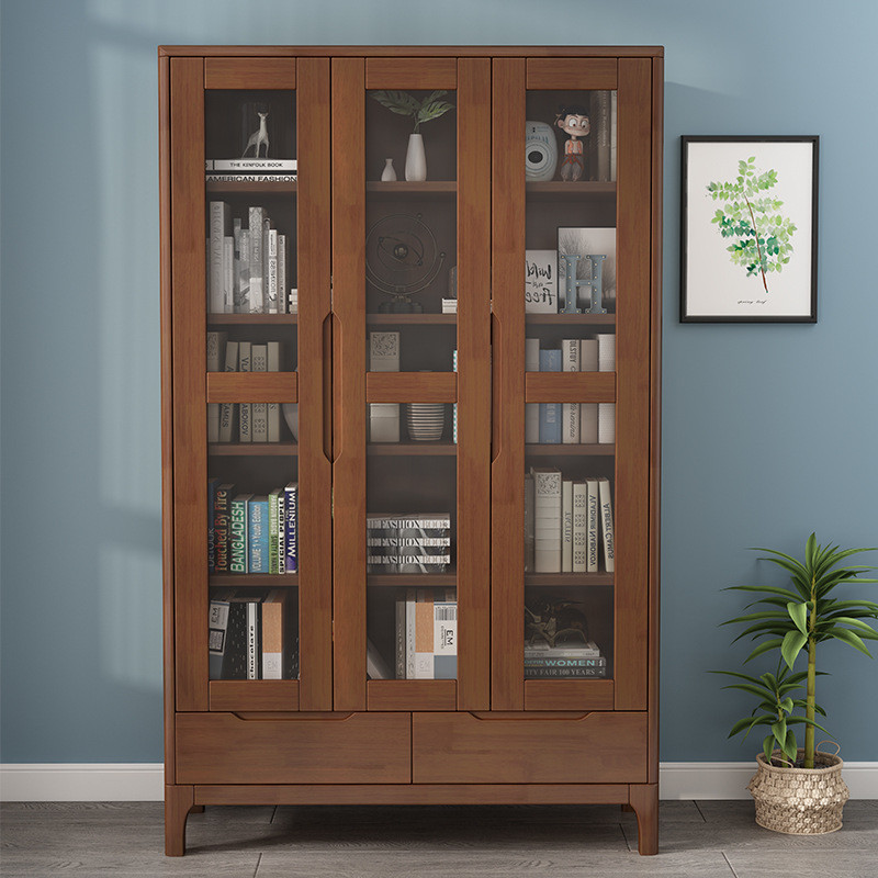 书橱储物收纳置物架现代简约北欧书房家用胡桃色落地带门实木书柜