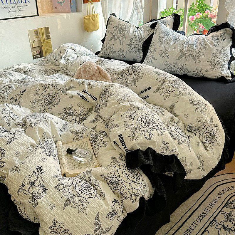 热销法式赫本风浪漫黑色花边水洗棉印花四件套复古碎花磨毛宿舍三,床上用品,床品套件/四件套/多件套,淘宝优惠券,粉丝福利购,淘宝优惠卷
