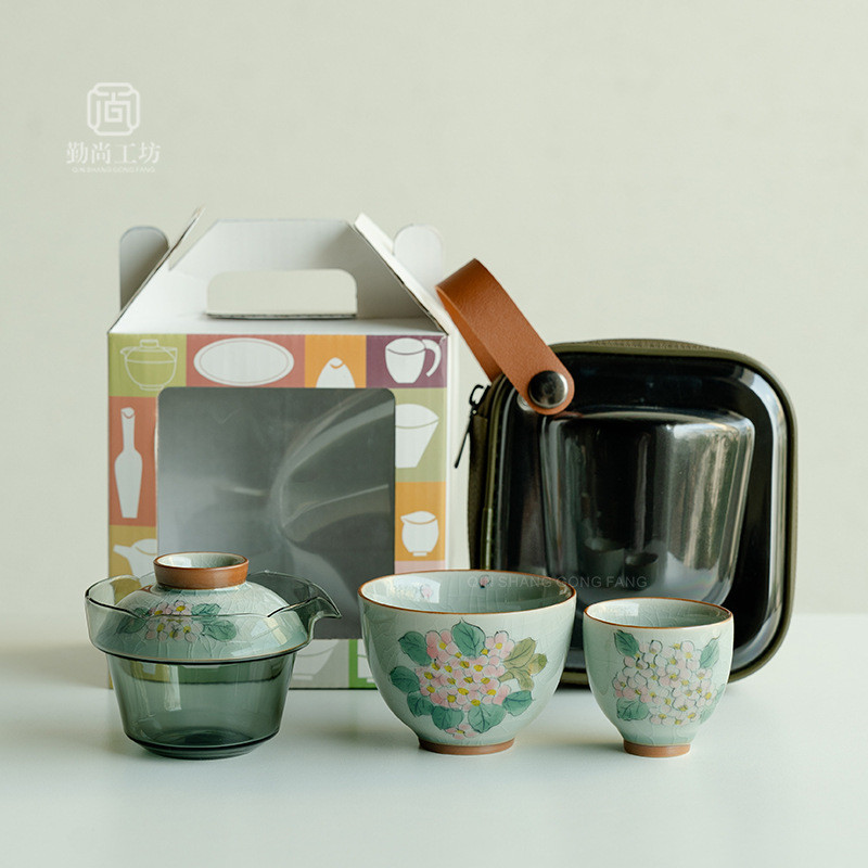 冰片釉手绘绣球花一壶两杯旅行茶具小套组户外便携手抓壶快客杯