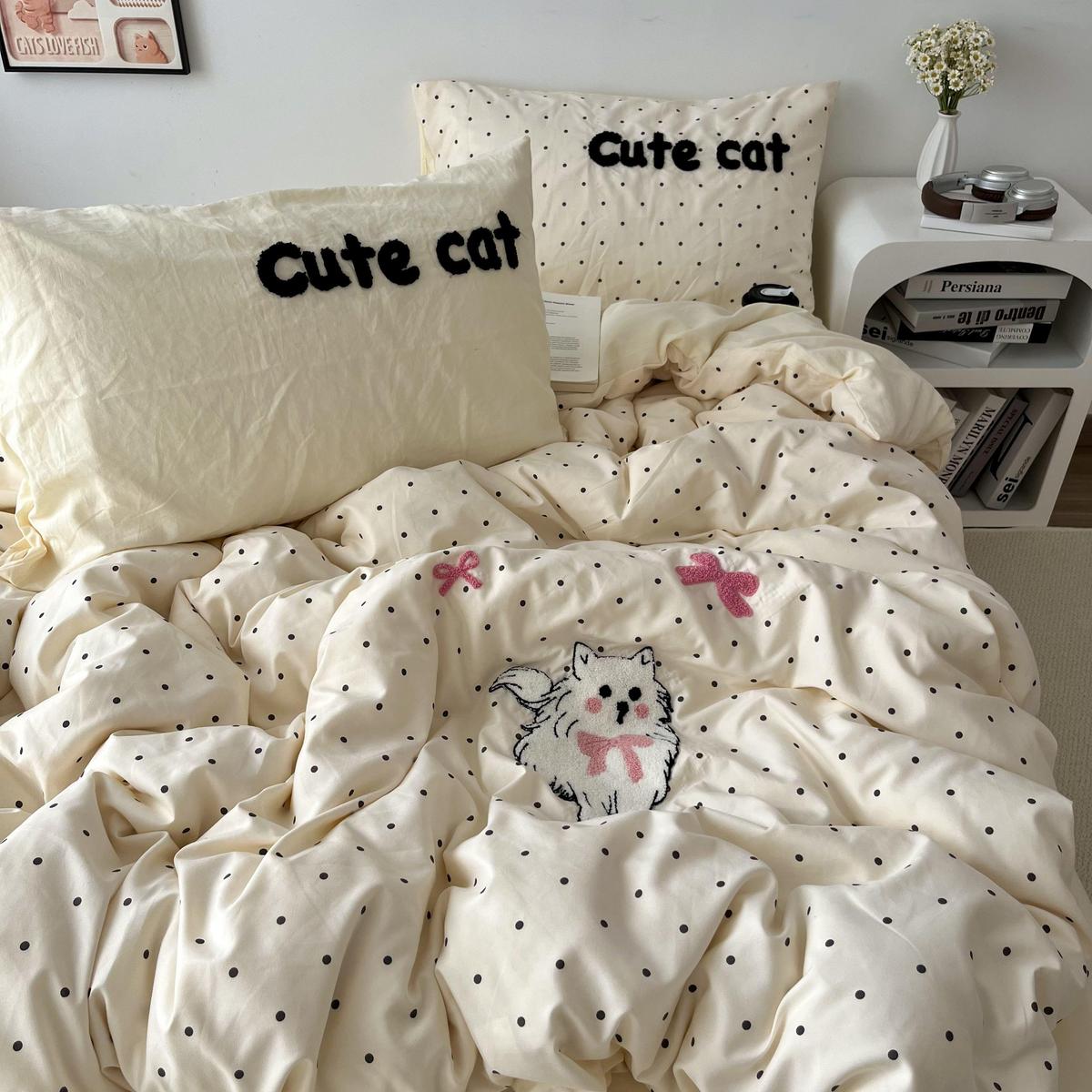 温柔奶油少女波点猫咪毛巾绣床上四件套全棉被套纯棉床单三件套