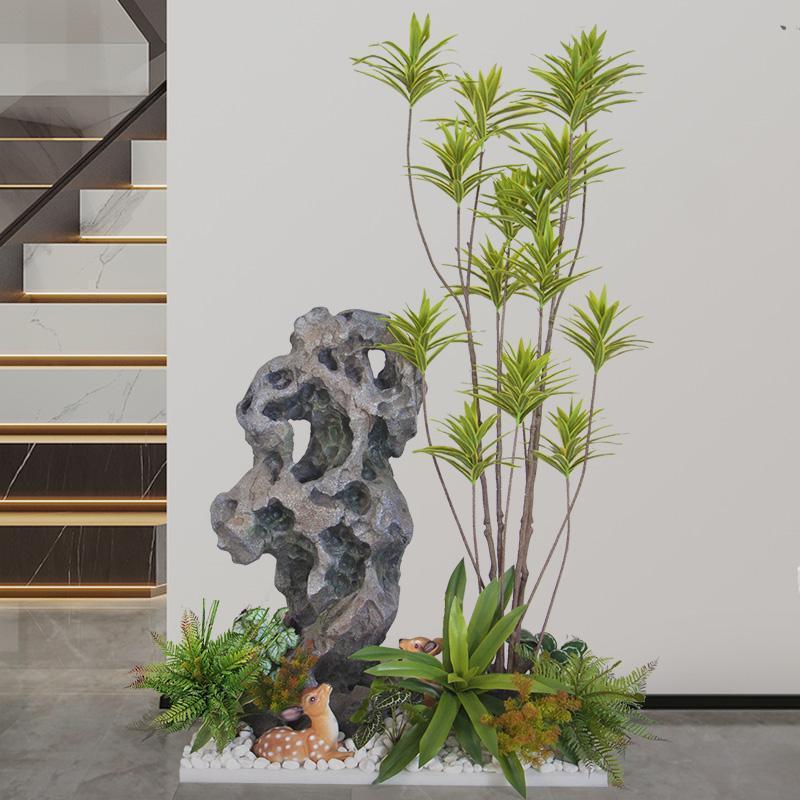 缘水景观室内玄关太湖石摆件楼梯角落仿真百合竹植物景观布置设计