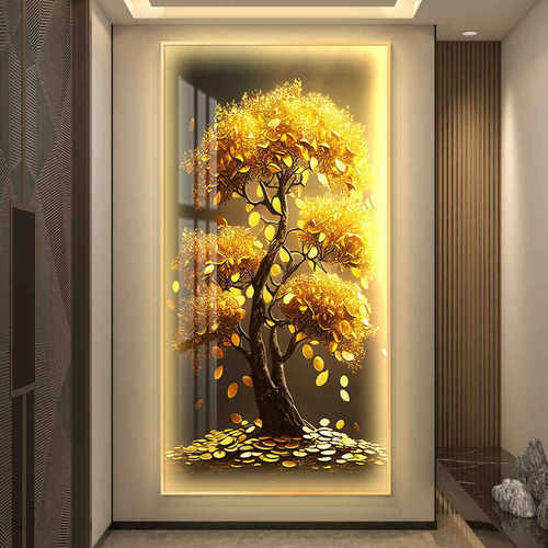 轻奢入户玄关装饰画摇钱树壁画带灯led简约现代走廊过道竖版挂画