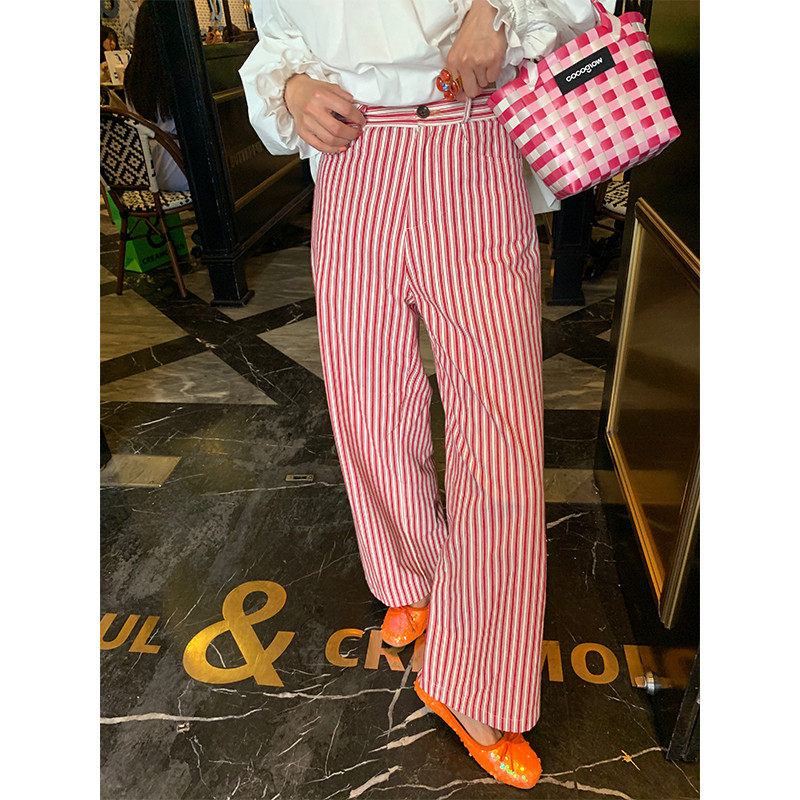 落落狷介夏季薄款女宽松2024新款小个子粉红色条纹阔腿裤显瘦,女装/女士精品,休闲裤,淘宝优惠券,粉丝福利购,淘宝优惠卷
