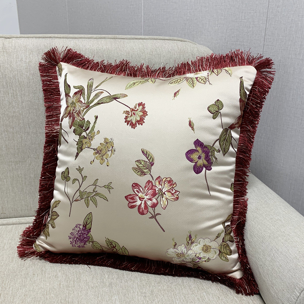 复古朵小花美式45x45cm酒红色抱枕套提花酒店沙发装饰包边靠垫套