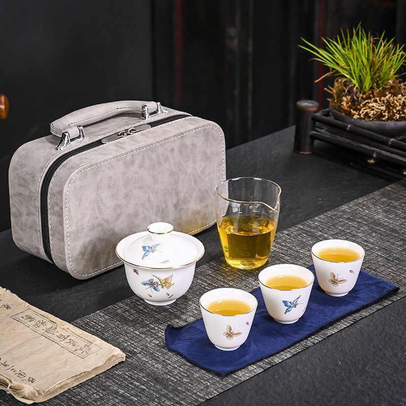 旅行茶具小套装携带方便陶瓷羊脂玉功夫茶具套装盖碗三杯皮包礼品
