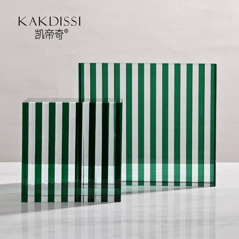 热销现代简约绿色横条纹透明水晶摆件家居软装样板房饰品工艺品摆