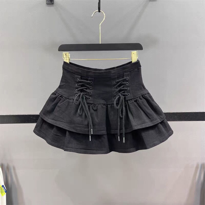 绑带荷叶边牛仔儿童黑色A字蓬蓬裙小女孩防走光子