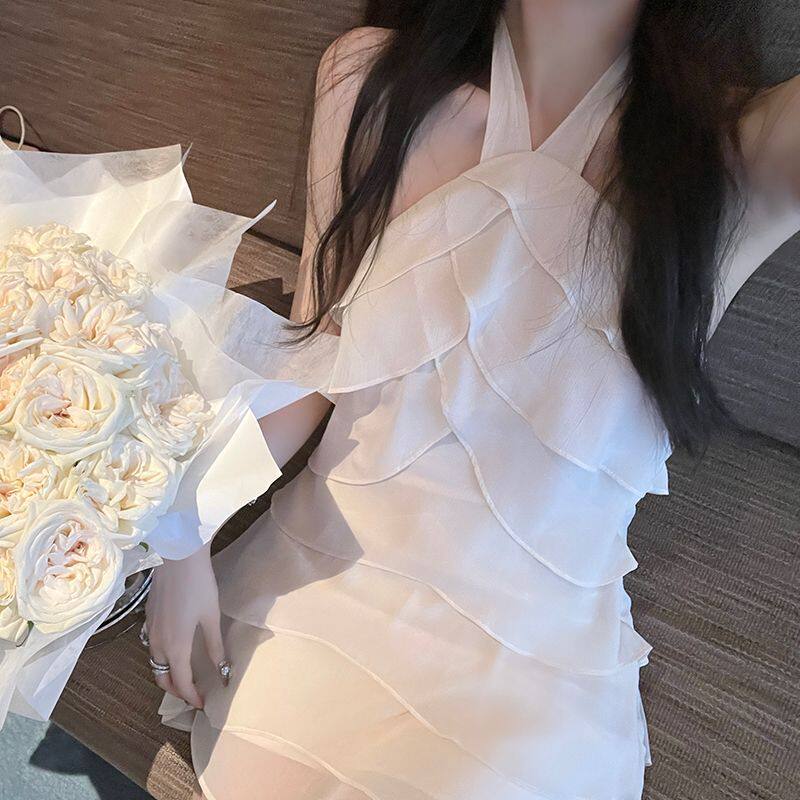 赵昭仪同款玫瑰花园抹胸蛋糕裙雪纺裙性感挂脖一字肩腰蓬蓬连衣裙