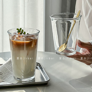 里白翻口咖啡杯玻璃家用水杯饮料杯生椰拿铁冰美式果汁杯子简约