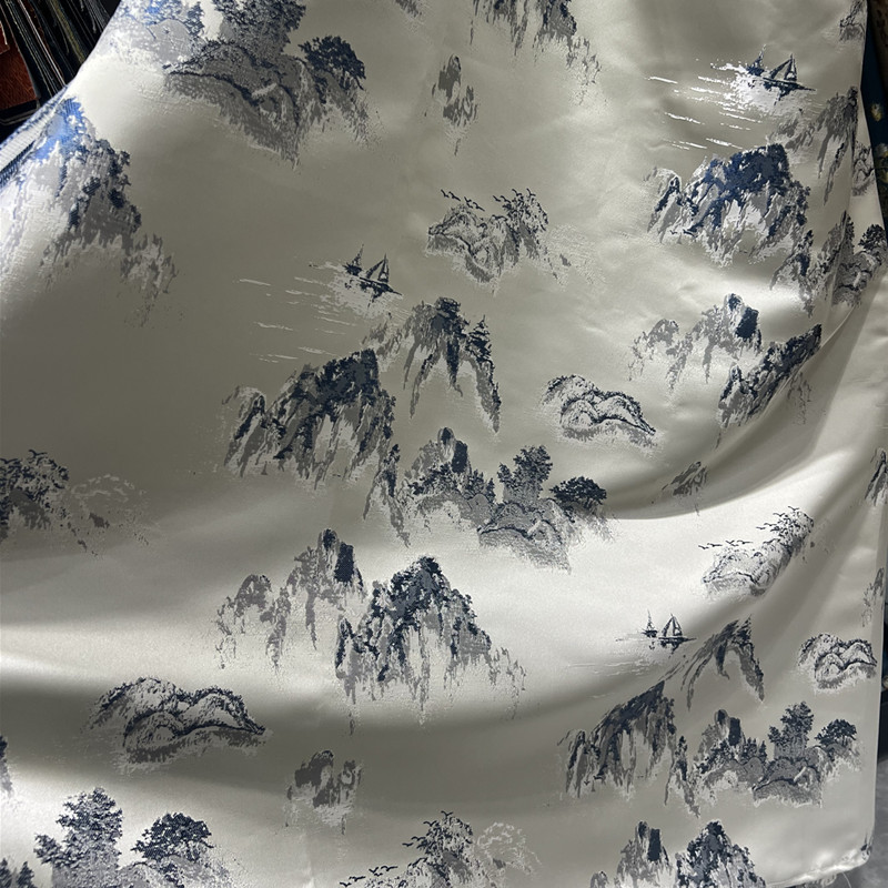 新中式沙发布料山水图坐垫靠垫抱枕面料绣花布高精密提花布