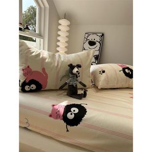 少女心粉条纹黑煤球小猫纯棉床笠床单单件1.35保护套全棉宿舍床罩