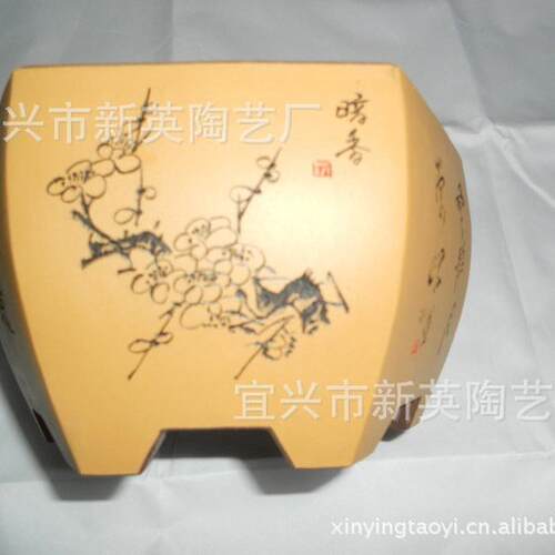 厂家直销宜兴桌面式六方花盆  紫砂摆设全手工兰花盆盆景盆刻绘盆