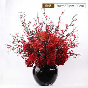简约新中式套装花艺红色摆件酒店大堂前台装饰品样板房售楼处软装