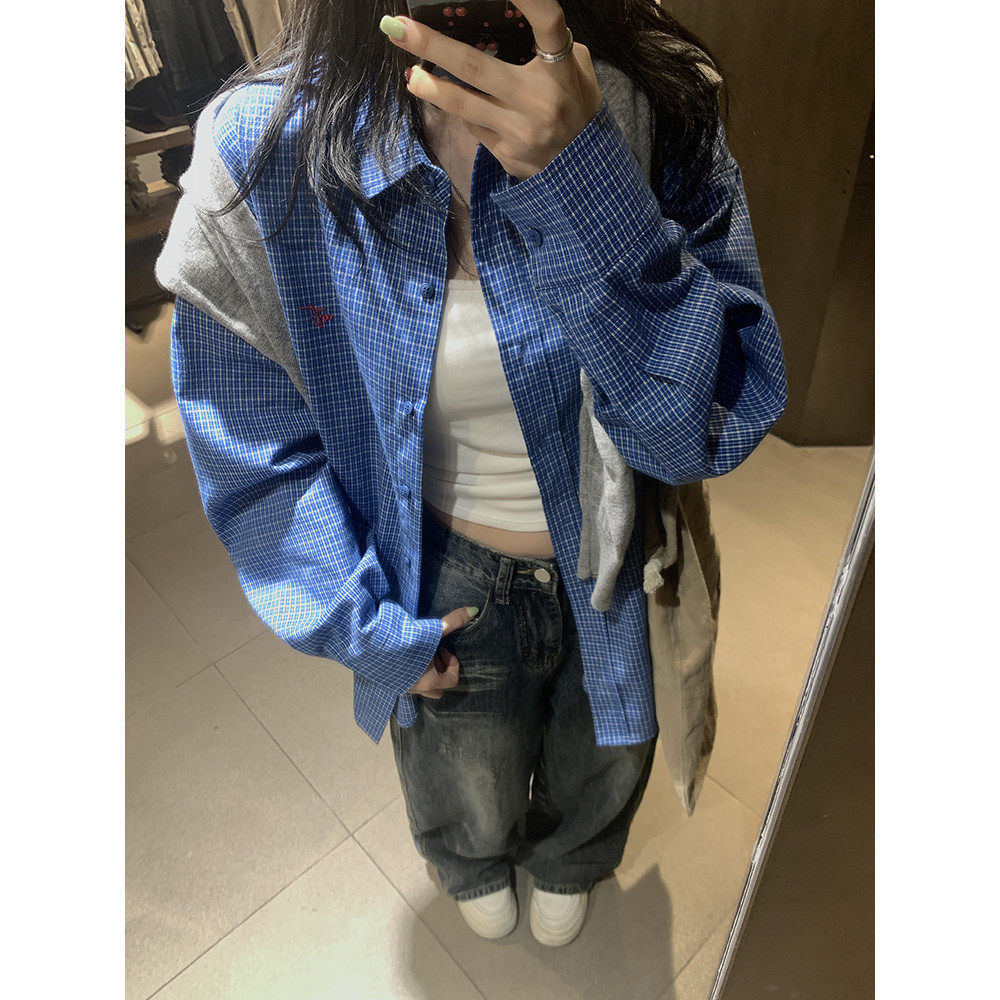 荒荒 英文刺绣长袖衬衫2025春款港风宽松薄款女