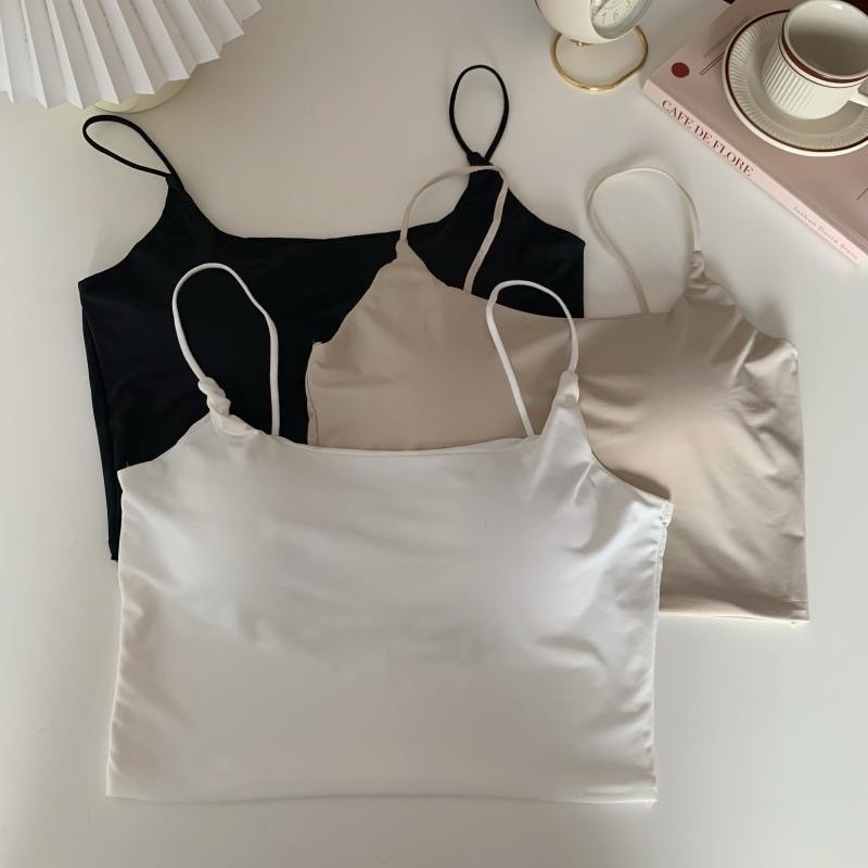 夏季乳胶冰丝小吊带美背女露脐短款内搭外穿打底固定杯带胸垫背心