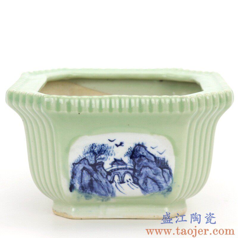 景德镇陶瓷仿古绿植青花山水青釉花盆大号带托盘花卉手绘室内装饰