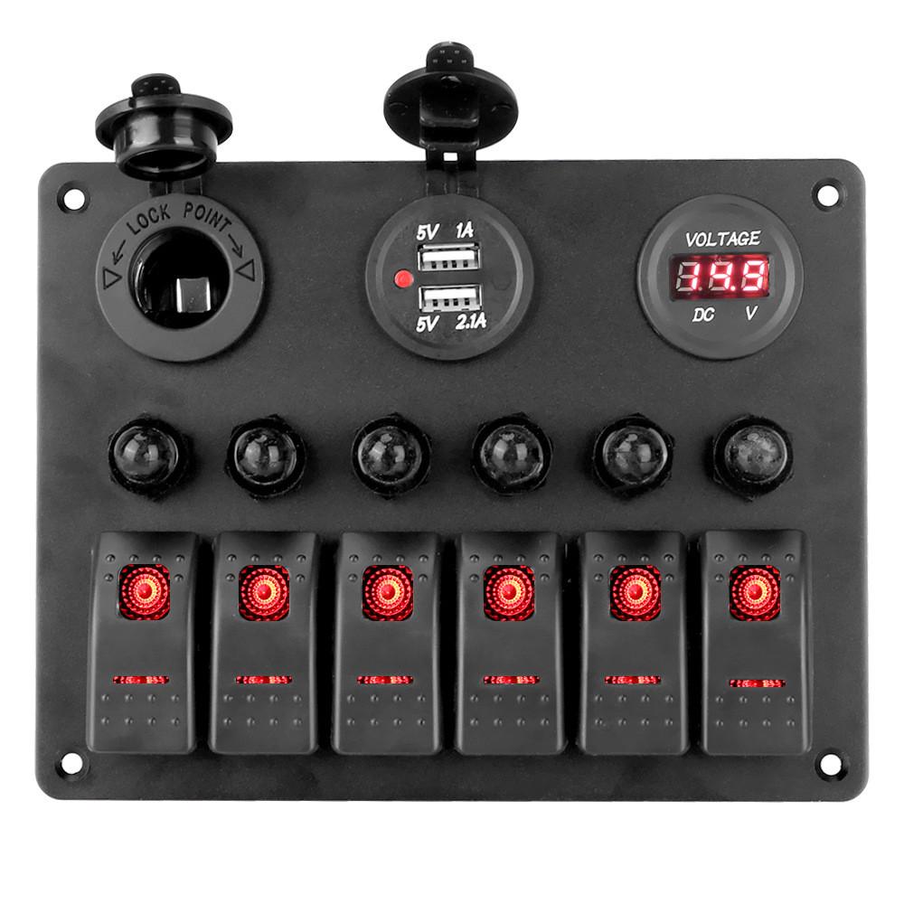 12V/24V双USB6组面板开关摇臂面板电压表房车船电路LED断路器